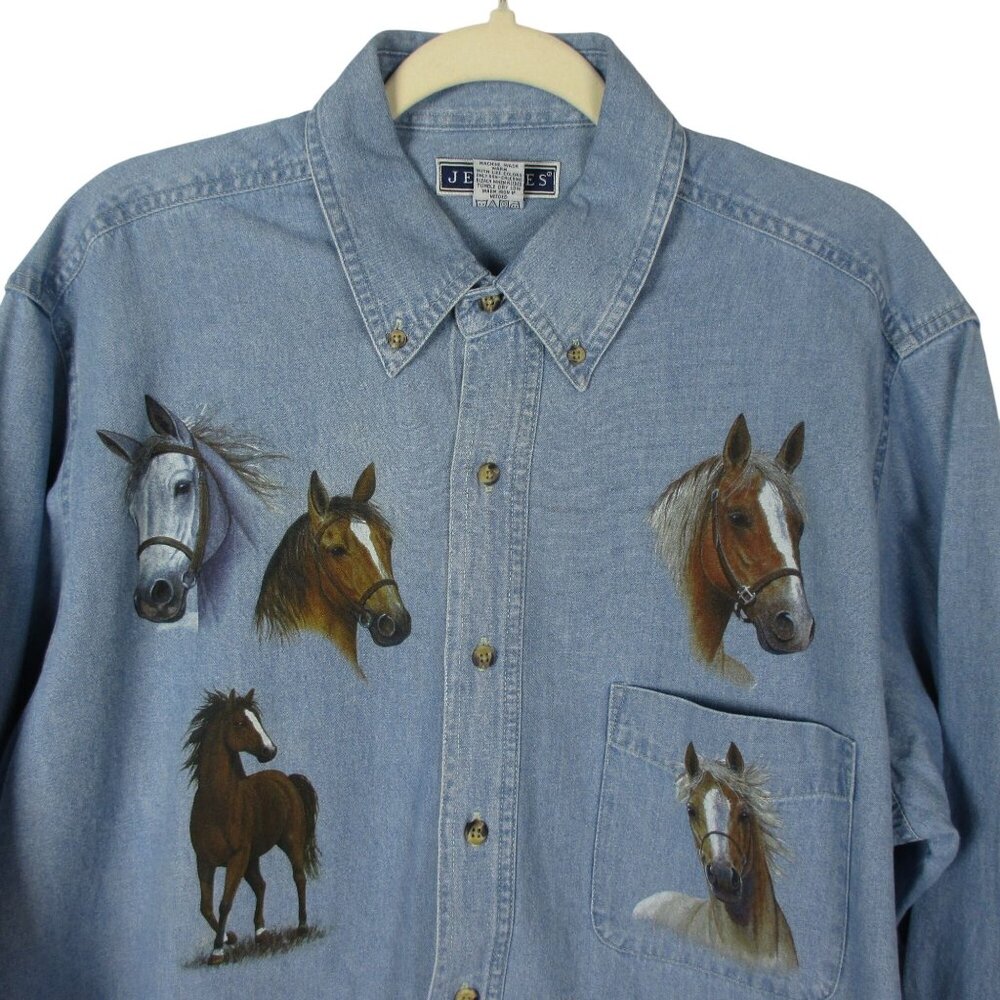 Jerzees Horse Denim Shirt Button Down Women's Cotton Size L Equestrian - Picture 2 of 8